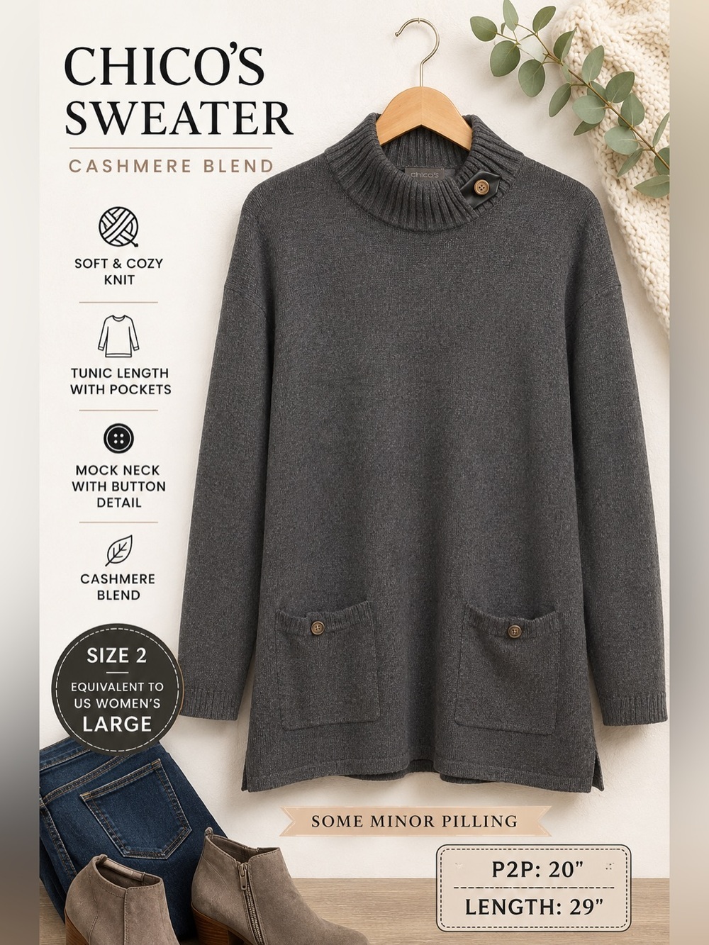 Chico's Size 2 L Gray Cashmere Blend Mock Neck Tunic Sweater Pockets